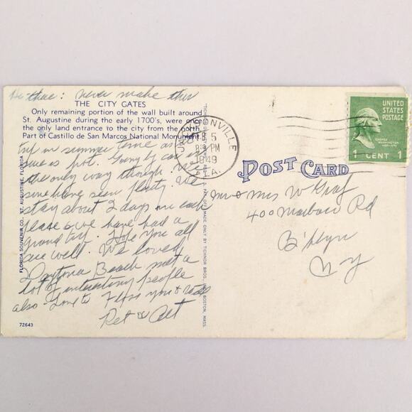 Vintage St Augustine Florida Linen Postcard Oldest City Gates 1949 Horse Buggy - Picture 2 of 2